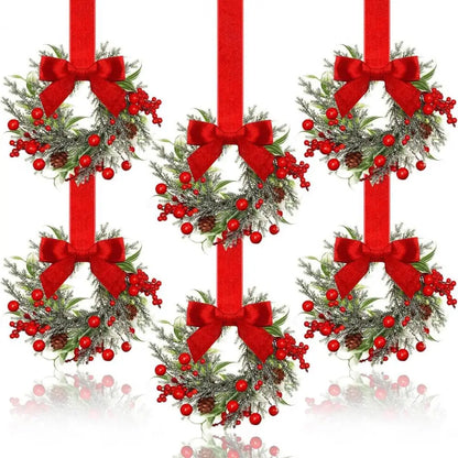 Christmas Wreaths Set Of 6 Mini Cabinet Wreaths With Red Bows Farmhouse Holiday 2025 Artificial Durable Decor