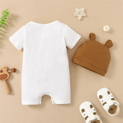 Close up highlighting the hem and stitching on the baby boys panda bear short sleeve romper and hat set