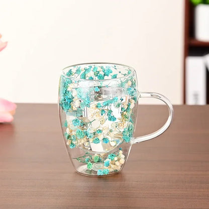 Double Wall Glass Cup with Handle Dried Flower Decorated Ins Style Mug 300ML