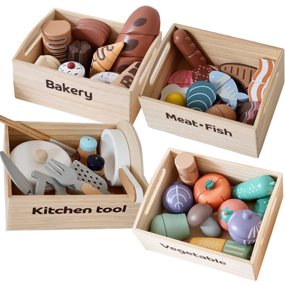 Wooden Kids Kitchen Playset with Cutting Food Accessories - Fruits, Vegetables & Bakery Toys