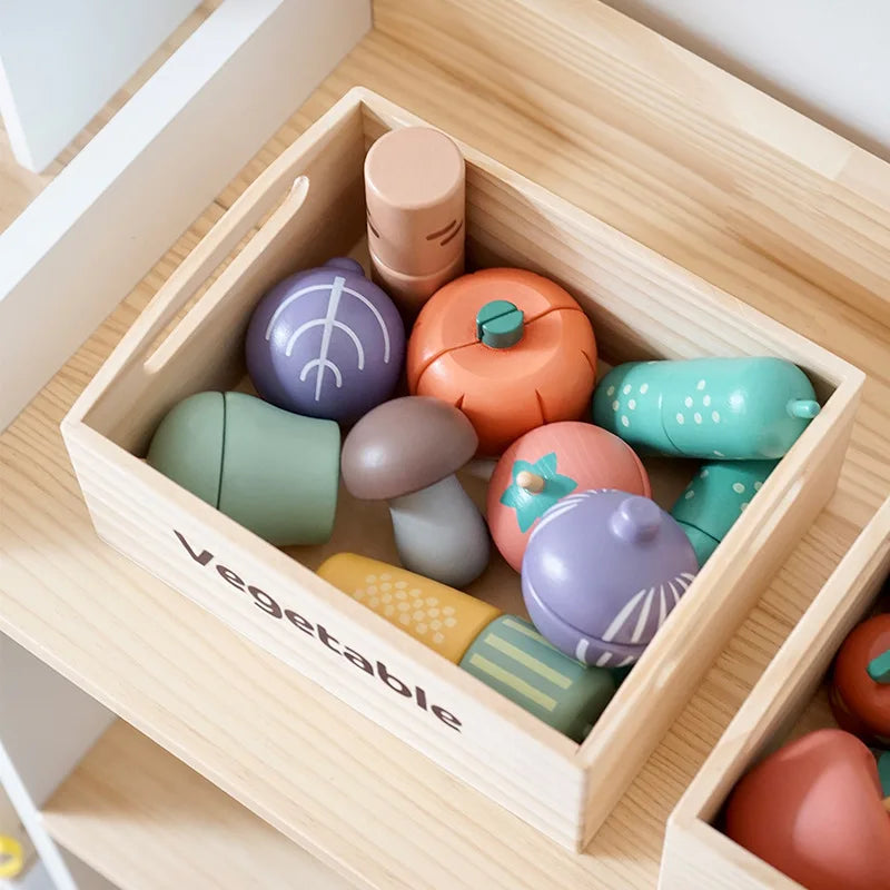 Wooden Kids Kitchen Playset with Cutting Food Accessories - Fruits, Vegetables & Bakery Toys