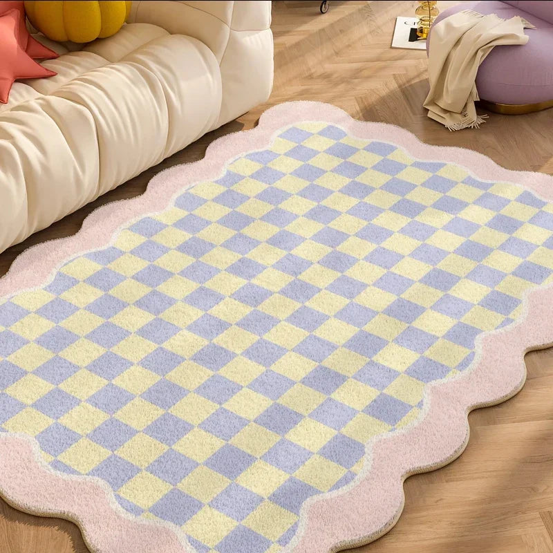 Plush Rug Checkered Scalloped Area Rug, Kids Bedroom Living Room Accent Fall 2025 Cozy Fluffy Machine Washable