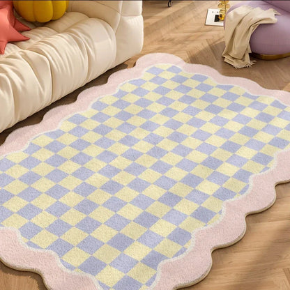 Plush Rug Checkered Scalloped Area Rug, Kids Bedroom Living Room Accent Fall 2025 Cozy Fluffy Machine Washable