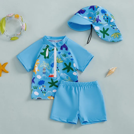 Baby boys three-piece swimwear set with printed rash guard, trunks, and sun hat