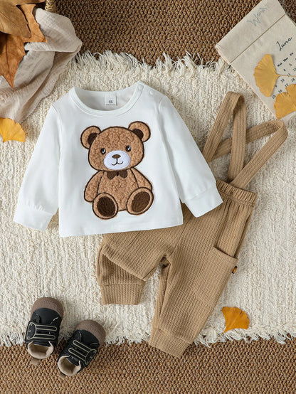 Alternative angle of baby boys bear top and button overalls set