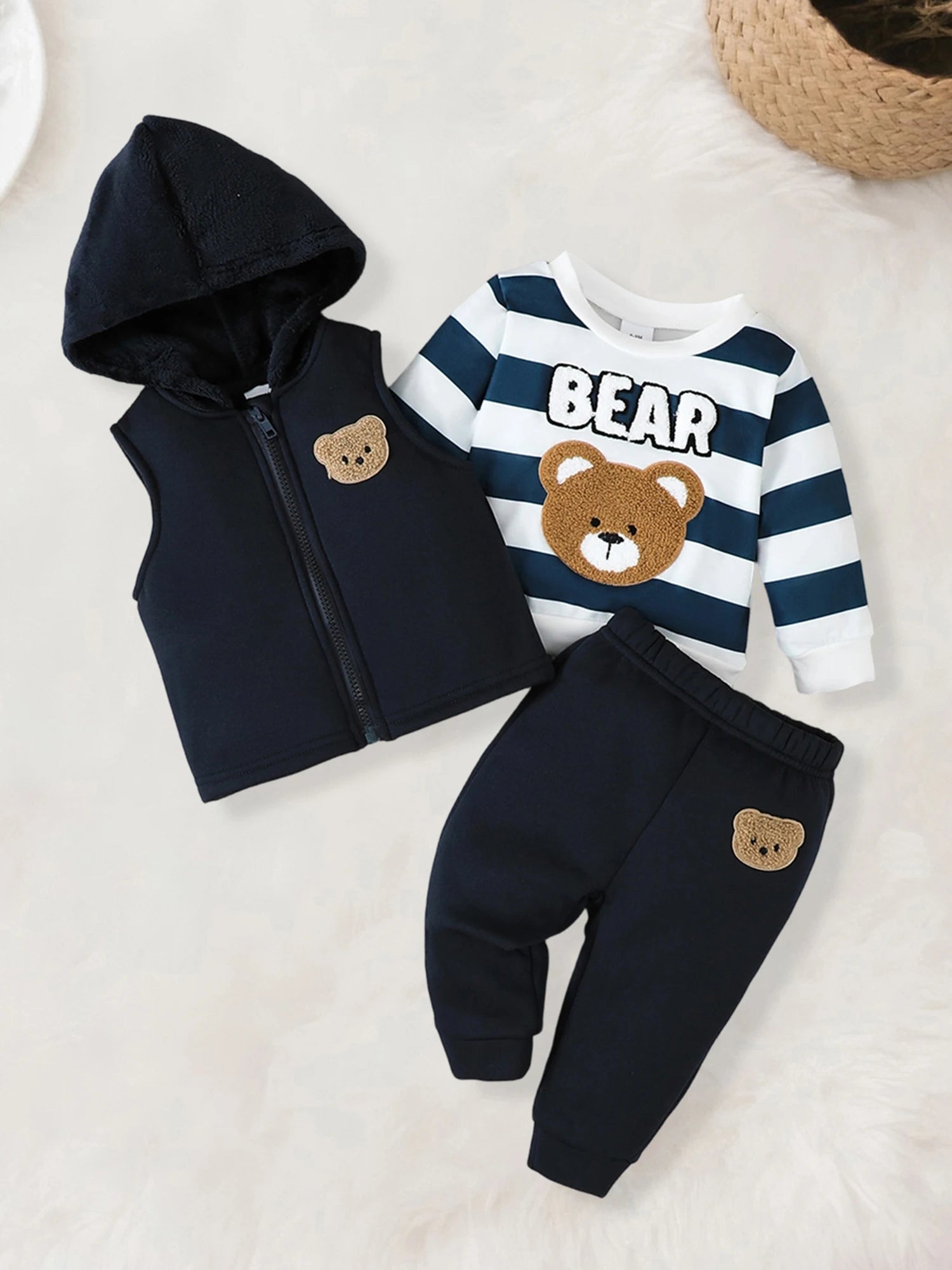 Back view of boys bear embroidery sweatshirt & joggers