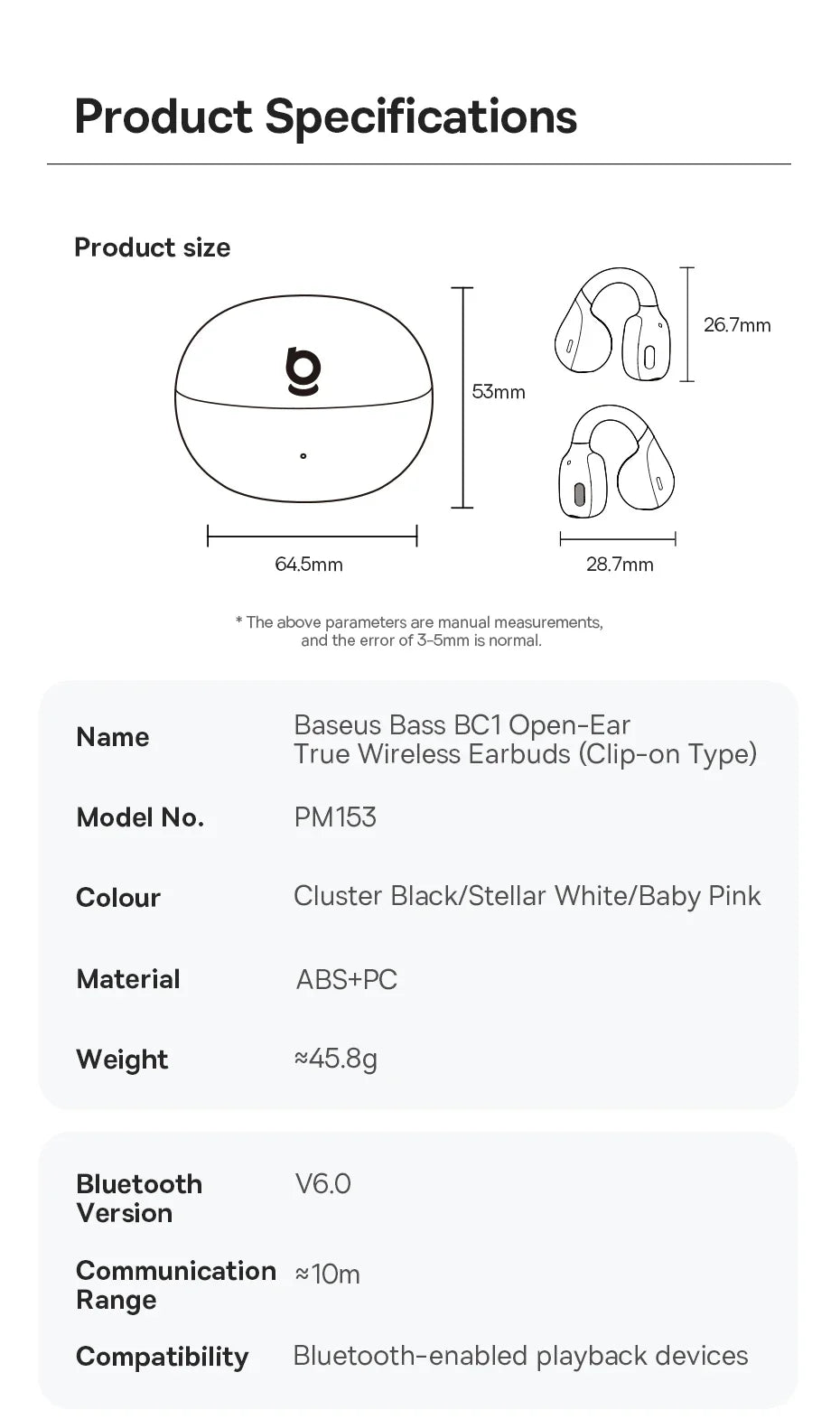 Baseus BC1 Open-Ear Clip Earbuds Bluetooth 6.0 – 4-Mic Noise Cancellation Super Bass IP55 Sports 2026