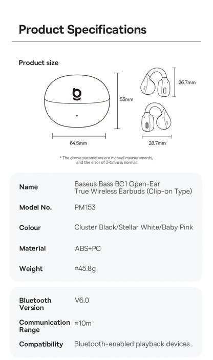 Baseus BC1 Open-Ear Clip Earbuds Bluetooth 6.0 – 4-Mic Noise Cancellation Super Bass IP55 Sports 2026