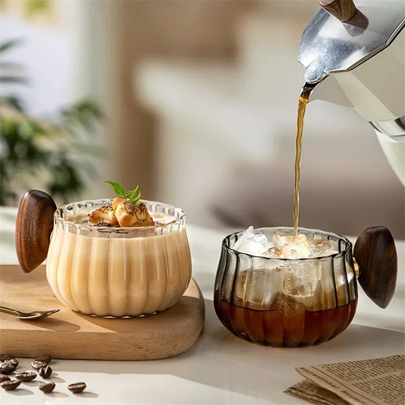 Stripe Heat-resistant Glass Coffee Mug 200ml with Wooden Handle for Latte, Milk, Tea