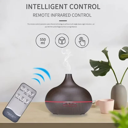 Air Humidifier Aromatherapy Essential Oil Diffuser 500ml Wood Grain Remote Control with 7 Color Lights for Home