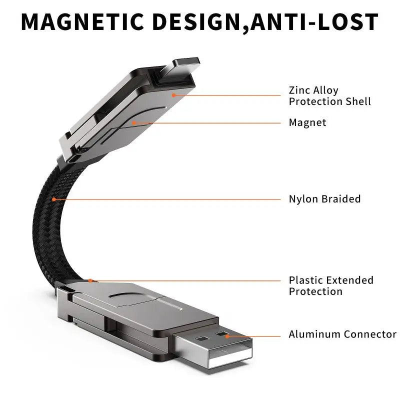 Magnetic Charging Cable Keychain – 60W USB-C PD & 18W QC Fast Charge, Multi-Connector, Spring 2026 Back to School