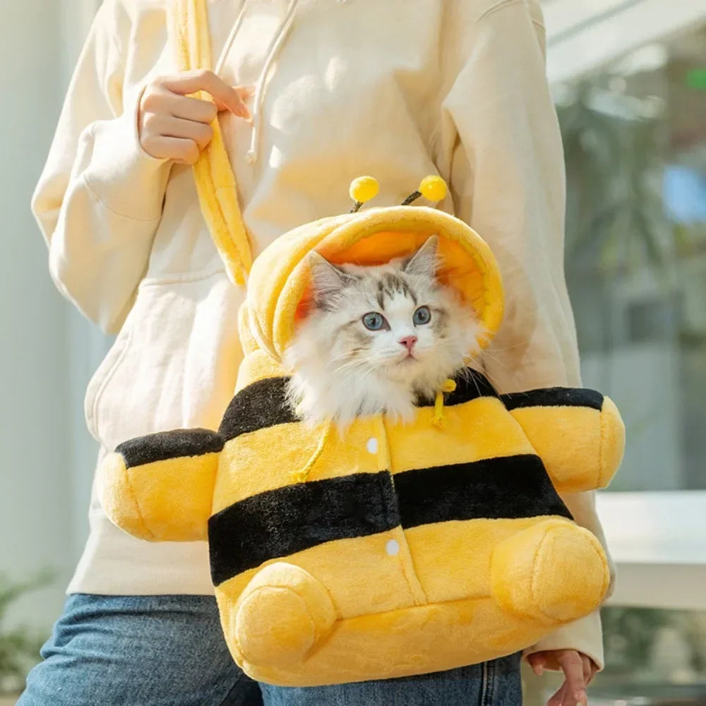 Cute Pet Carrier Bag - Soft Warm Carrier for Cats, Autumn & Winter Outings, Cozy Bee House Toy, Pet Clothes