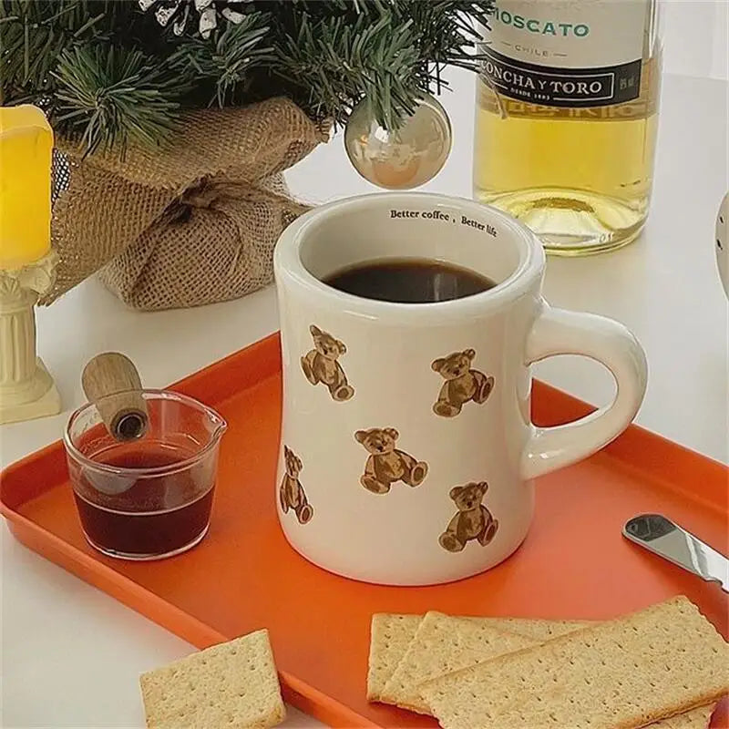 Ceramic Mug Cream Teddy Bear Print Coffee Cup With Handle Korean Cute Breakfast Mug Fall 2025 Cute Gift Easy Grip