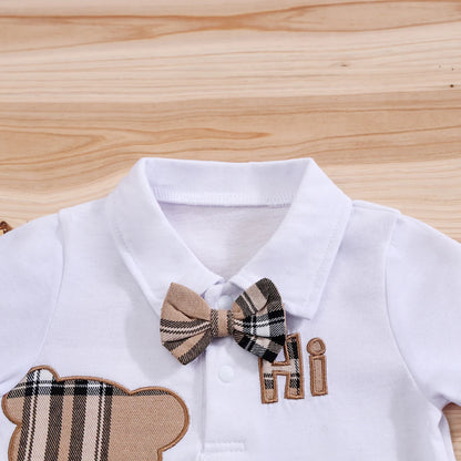 Back view of baby boys plaid bear bodysuit & trousers set