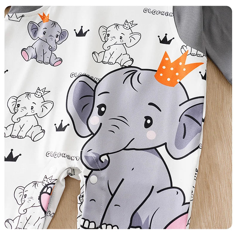 Baby boy wearing a long-sleeve romper with an elephant print and faux braces