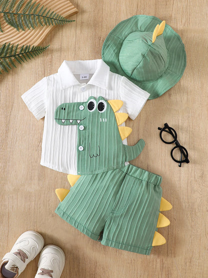 Baby boys dinosaur short sleeve shirt, shorts and sun hat set