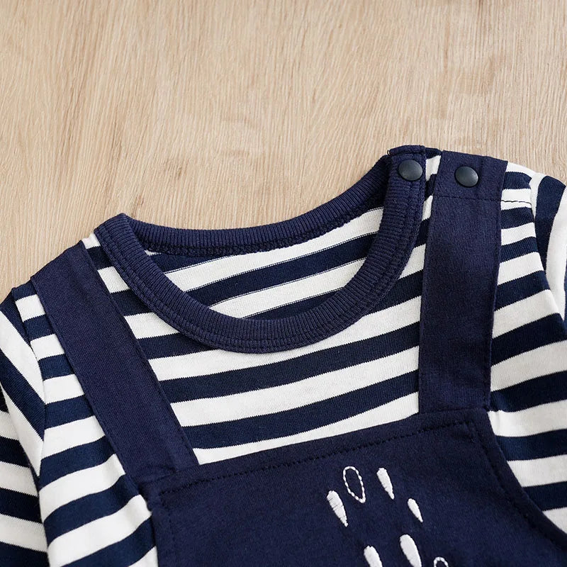 Styling option and alternate perspective of the baby long sleeve striped elephant romper