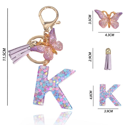 Sequin Letter Keychain With Butterfly Tassel Charm