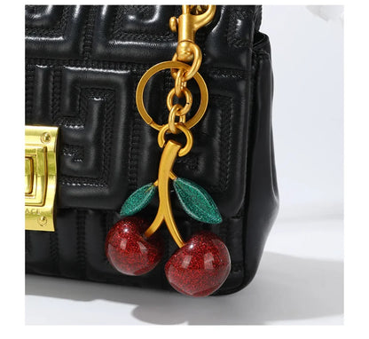 Red Cherry Keychain Bag Charm With Gold Leaf Lobster Clasp