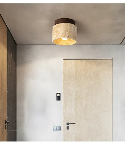 Japandi Travertine Ceiling Light Wood Cap Round Mid Century Lamp