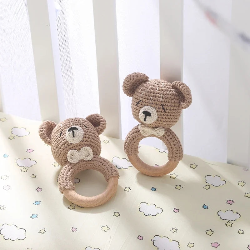 Crochet Bear Teether Rattle Ring Newborn Sensory Toys