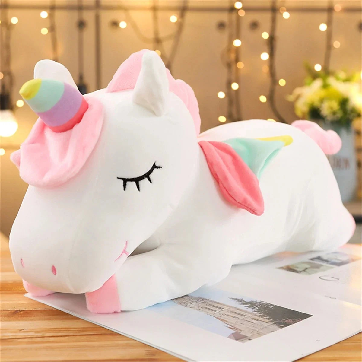 25CM Lying Unicorn Plush Toy - Soft Cute White Pink Horse for Kids Girls Birthday Gift