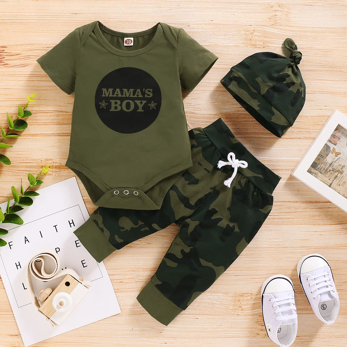 Three piece summer set with letter print romper camouflage shorts and hat