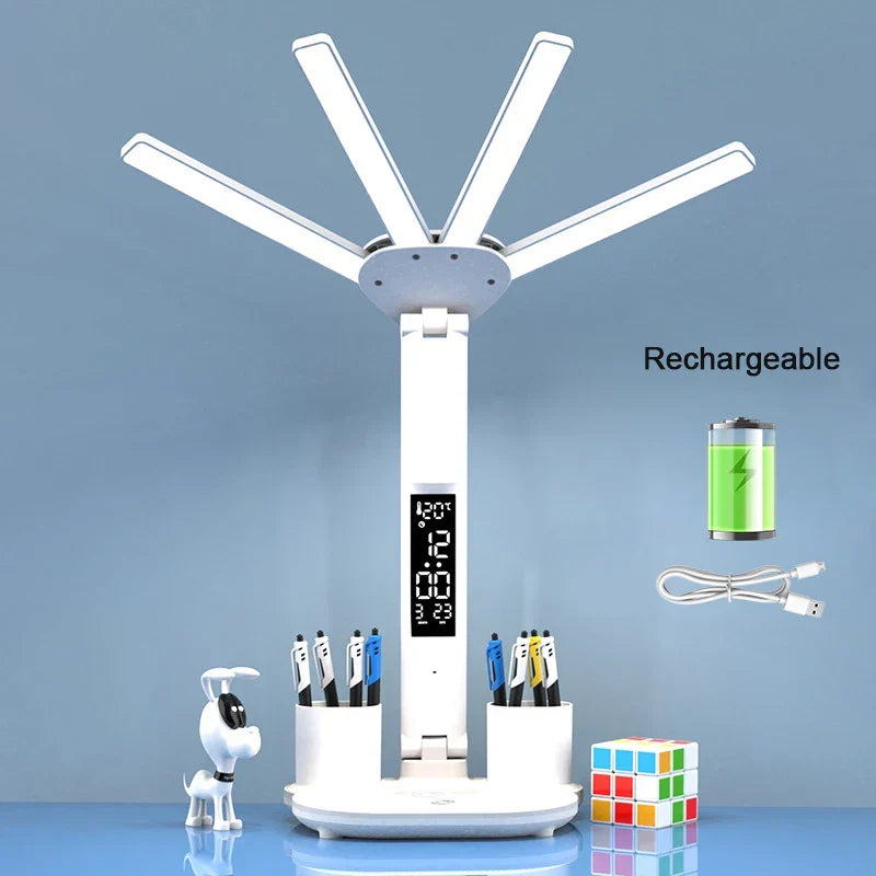 Rechargeable Desk Lamp LED With Fan And Clock Display Study Light Back To School 2025 Portable Adjustable Brightness