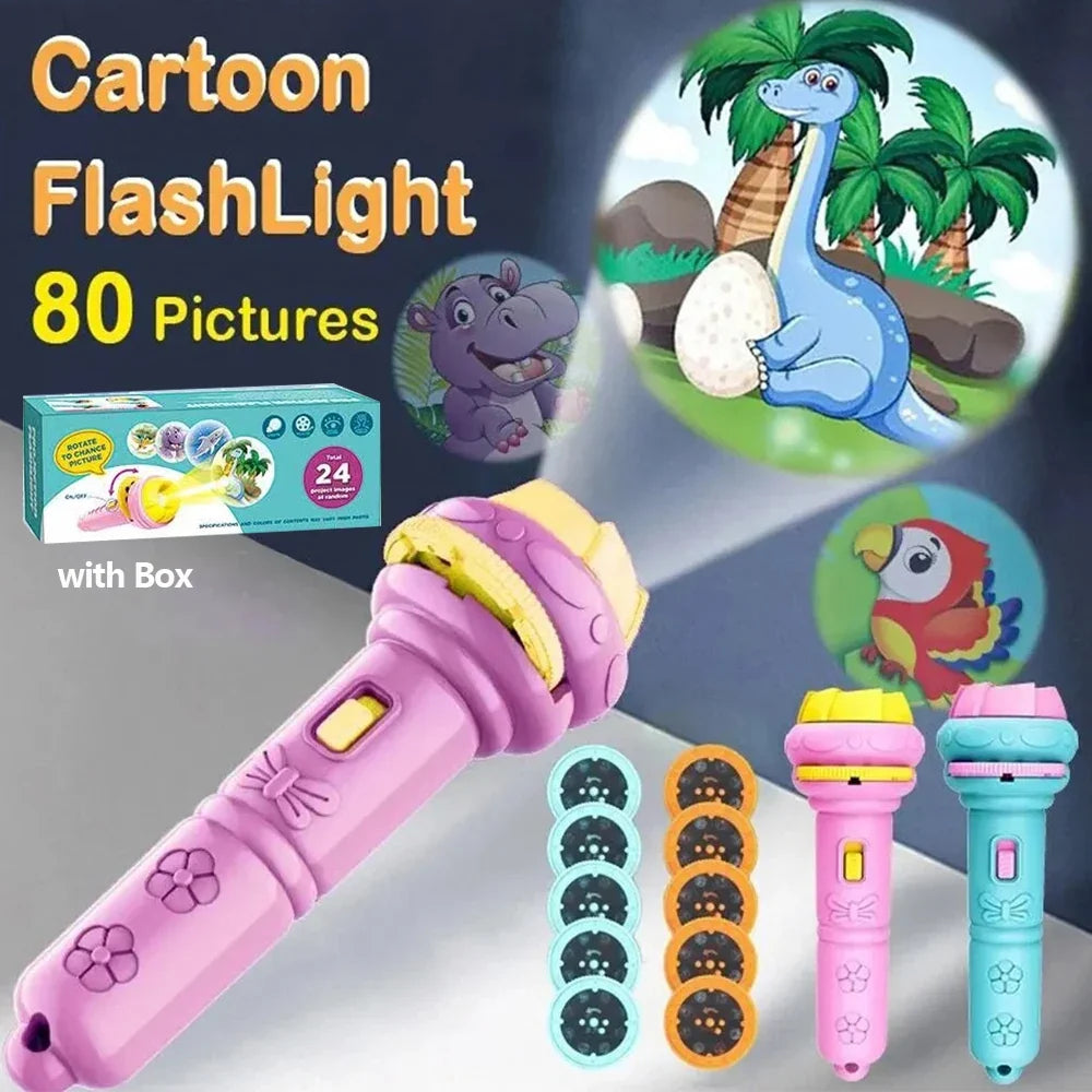 Creative Cartoon Flashlight Projector Set for Kids - 10 Cards with 80 Patterns, Perfect Bedtime Story Companion