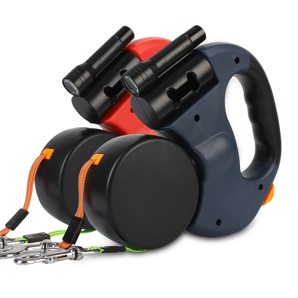 Dual Dog Leash 3m Retractable with Flashlight & Waste Bag Box, Auto-Extend Traction Rope