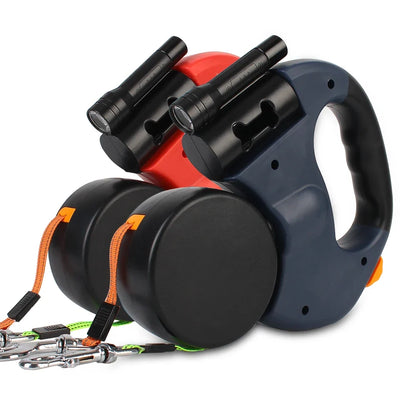 Dual Dog Leash 3m Retractable with Flashlight & Waste Bag Box, Auto-Extend Traction Rope