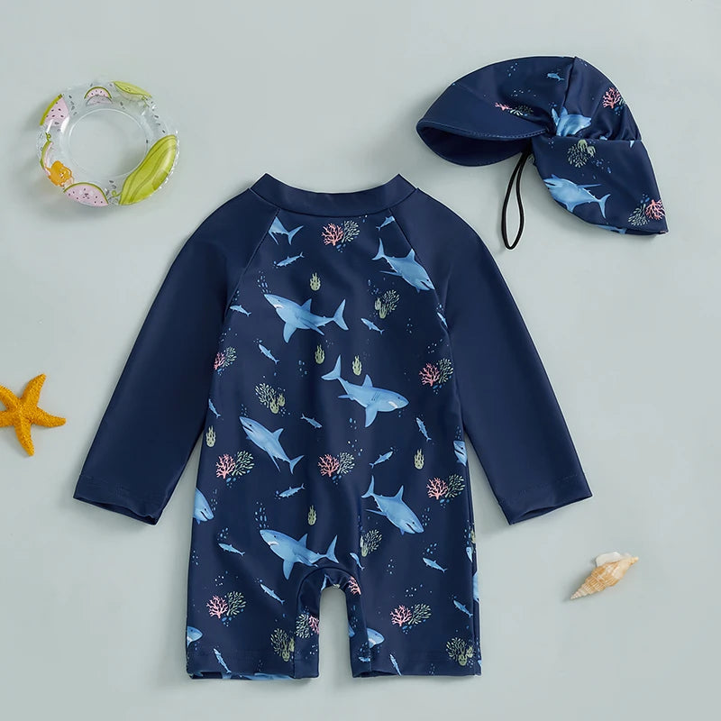 Sky Blue colour version of the boys shark print long sleeve rash guard swimwear set