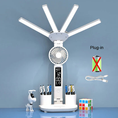 Rechargeable Desk Lamp LED With Fan And Clock Display Study Light Back To School 2025 Portable Adjustable Brightness