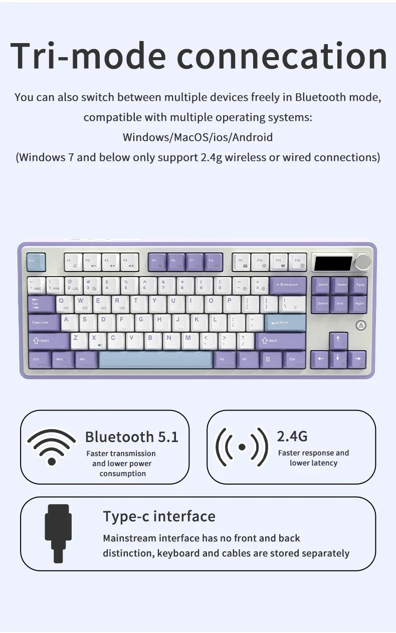 Mechanical Keyboard 87 Key Tri Mode RGB Hot Swappable