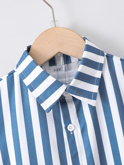 Style angle showing the boys blue and white striped shirt set - view 3