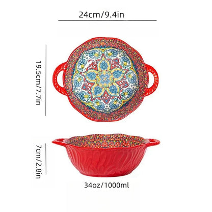 Ceramic Soup Bowl Bohemian Handle Embossed Microwave
