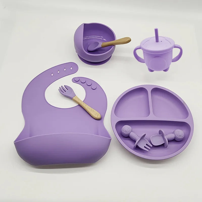 Baby Silicone Tableware Set 8 Piece Suction Bowls Divided Plate Bib Spoon Fork Fall 2025 Self Feeding Aid