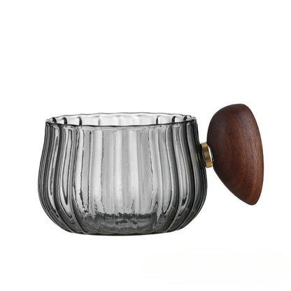 Stripe Heat-resistant Glass Coffee Mug 200ml with Wooden Handle for Latte, Milk, Tea