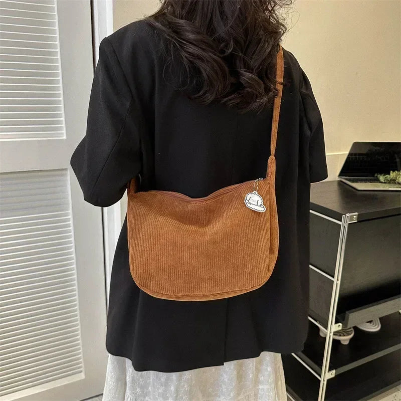 Corduroy Crossbody Bag Large Capacity Beige Shoulder Bag Fall 2026 Everyday Use