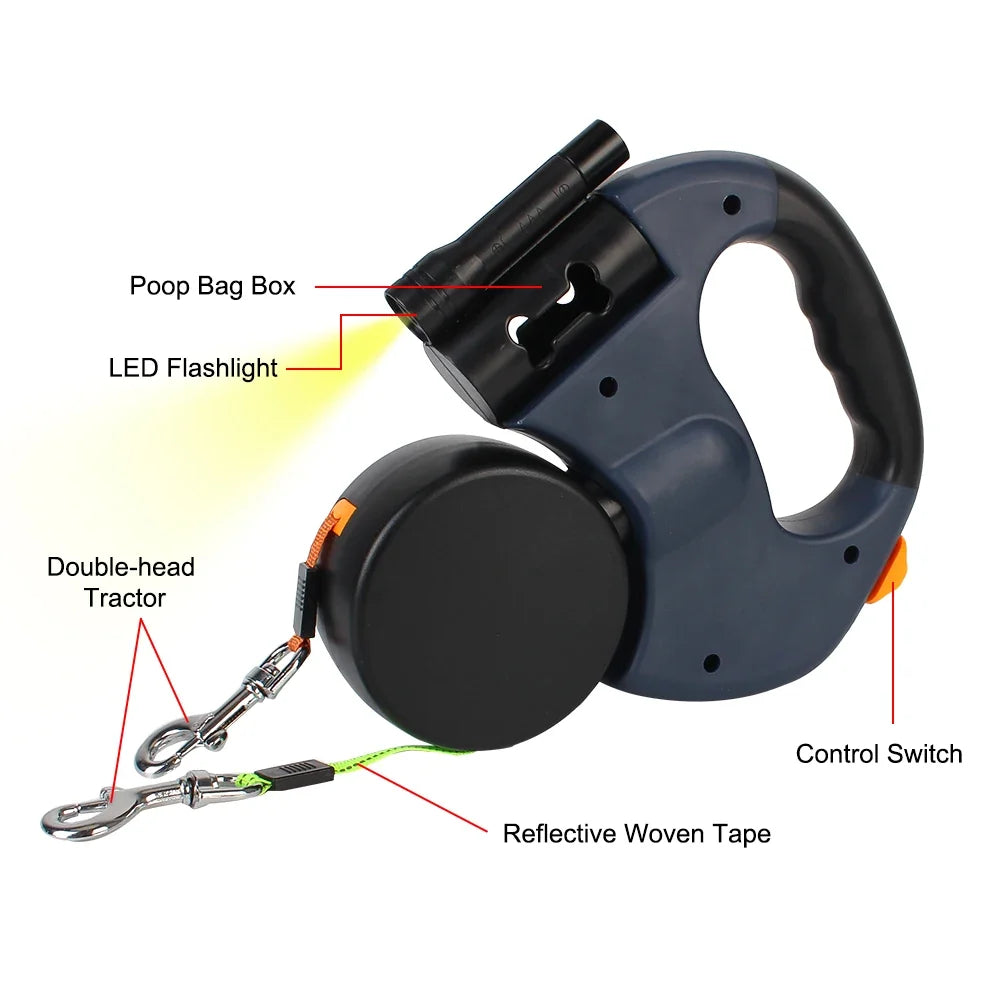 Dual Dog Leash 3m Retractable with Flashlight & Waste Bag Box, Auto-Extend Traction Rope