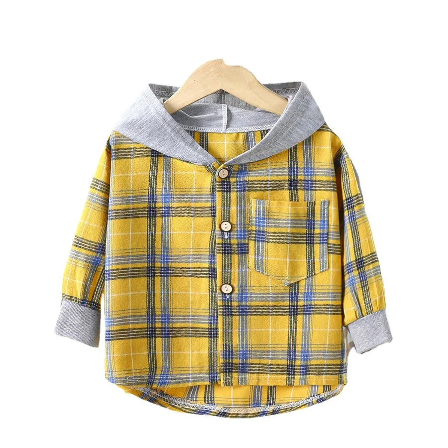 Close up detail of boys plaid long sleeve hooded jacket