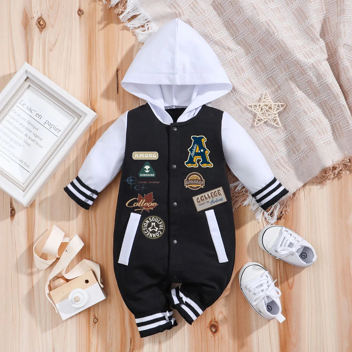 Baby boys hooded baseball long sleeve romper jumpsuit