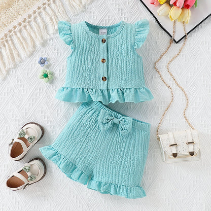 Baby girls buttoned round neck fly sleeve top and bow shorts set