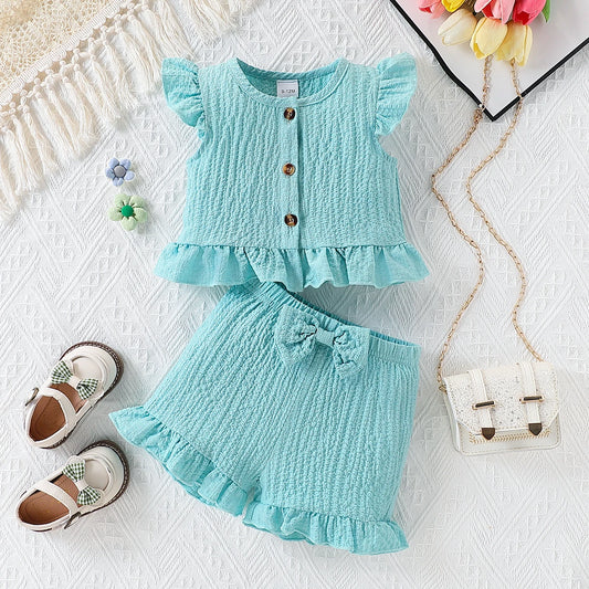 Baby girls buttoned round neck fly sleeve top and bow shorts set