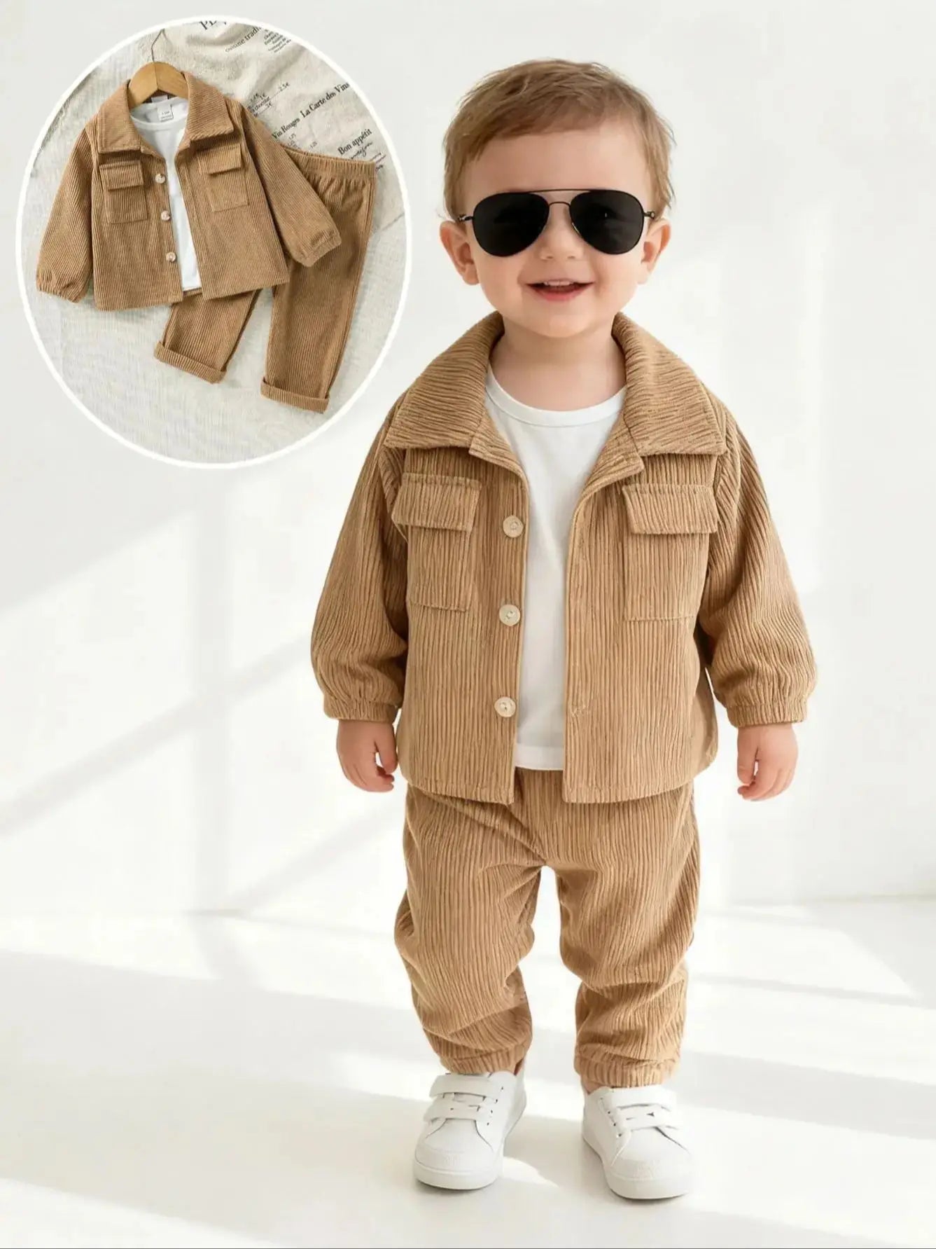 Back view of baby boys stylish jacket & pants outfit