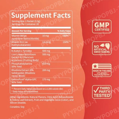 Focus Drink Mix Sugar-Free Fruit Punch Lions Mane Rhodiola NALT For Back To School 2026 Focus Boost