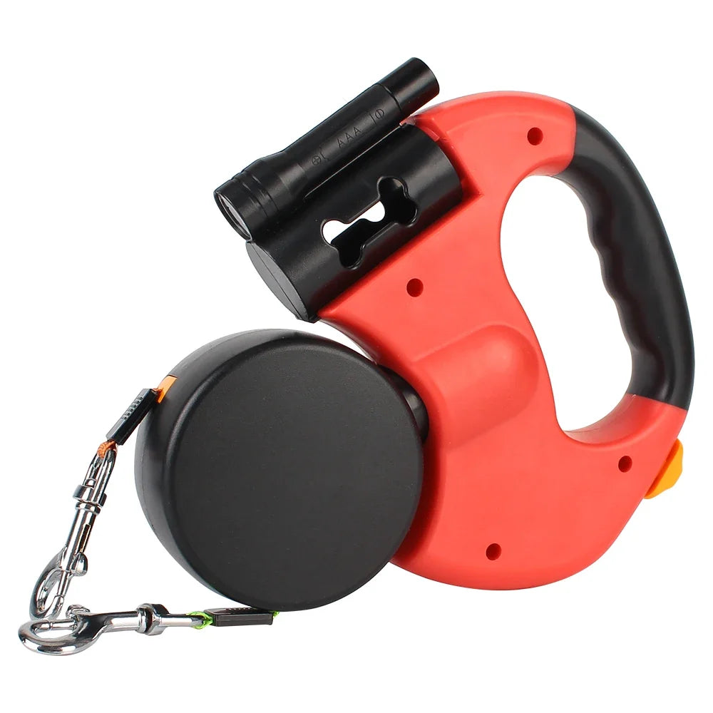 Dual Dog Leash 3m Retractable with Flashlight & Waste Bag Box, Auto-Extend Traction Rope