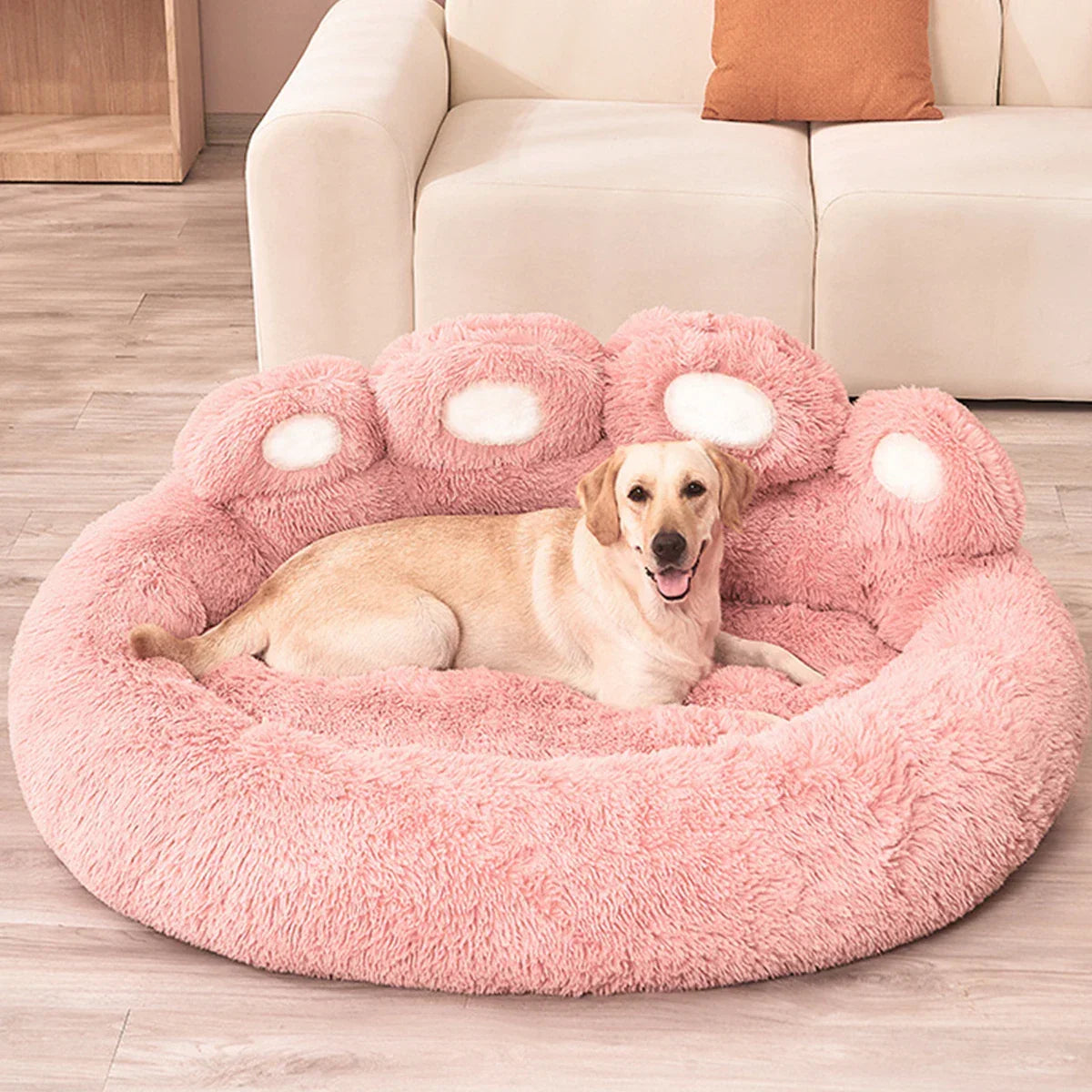 Dog Bed Plush Round Sofa Style Bed For Pets, Fall 2025 Cozy Washable Plush Bed With Paw Backrest Support