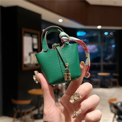 Birkin Inspired Mini Hand Bag - Leather Basket Bag Charm Keychain & Earphone Case