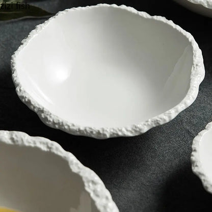 White Porcelain Rock Edge Soup Bowl Modern Tableware